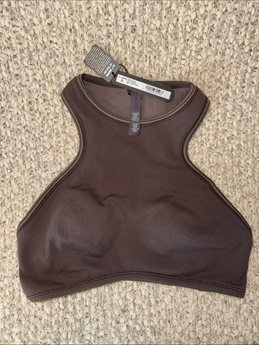 SKIMS Ribbed Seamless High-Neck Sports Bra Tank- Phoenix/Truffle
